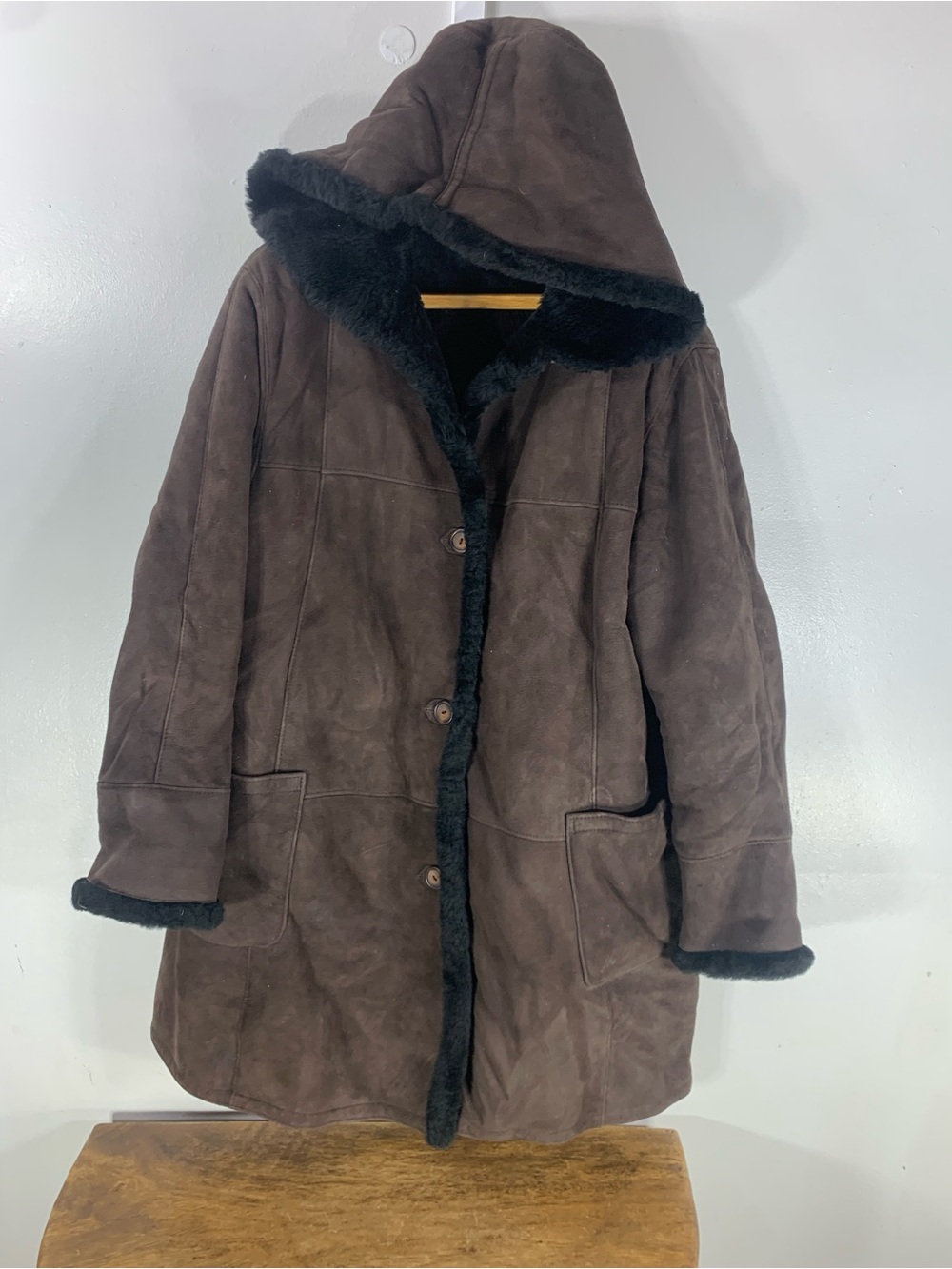 Vintage Enrico Bellissino Genuine Lambskin Shearling Coat Brown Hooded